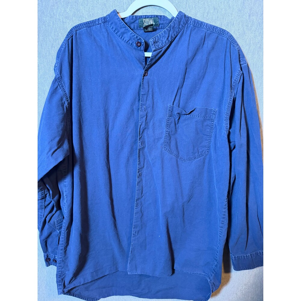 Stefano Man XL Blue 100% Cotton Band Collar Long Sleeve Casual Button-Down Shirt